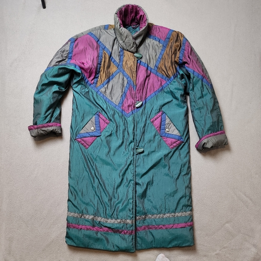 80s 90s Vintage Colorblock Jacket Long Retro Oversize Coat Winter Puffer